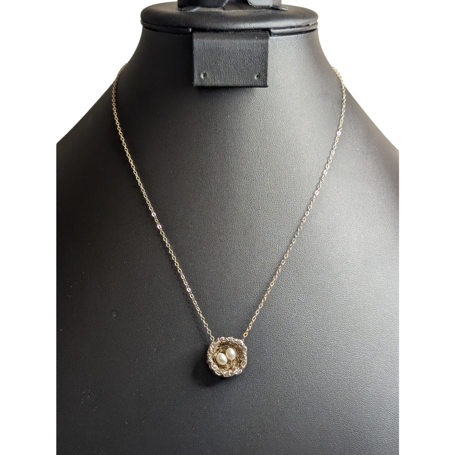 Precious Meshes 925 Sterling Hand Crocheted Wire Pearl Bird Nest Necklace