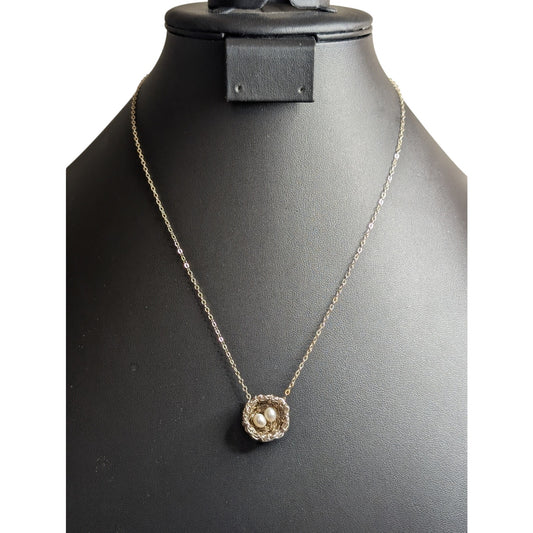 Precious Meshes 925 Sterling Hand Crocheted Wire Pearl Bird Nest Necklace
