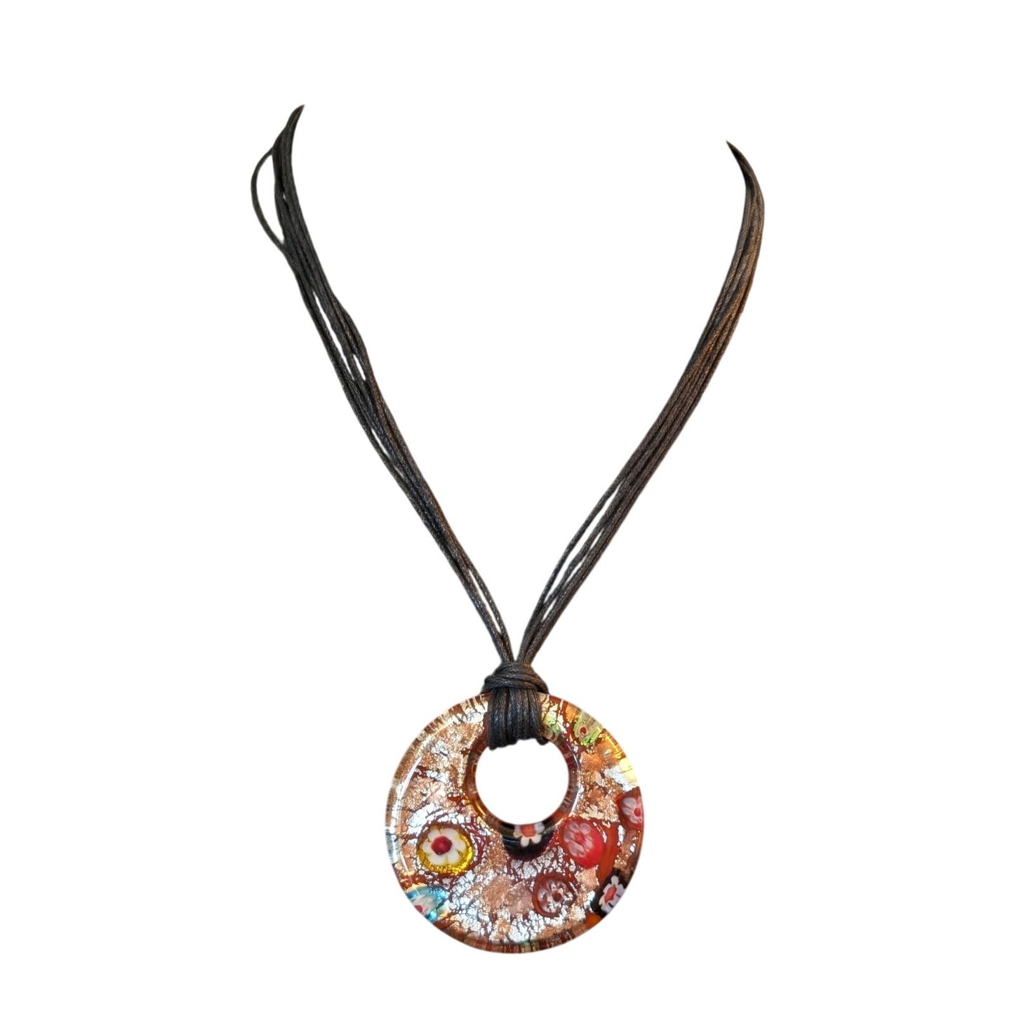Funky Boho Retro Glass Flower Pendant Cord Necklace