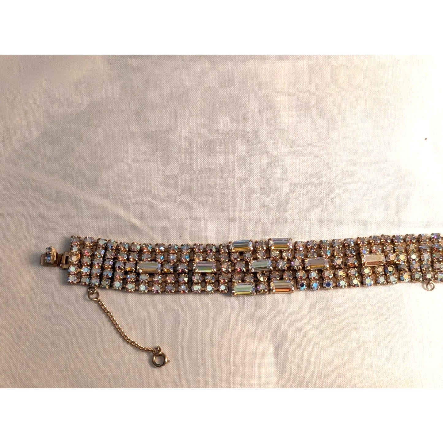 Vintage 1960s Unsigned Aurora Borealis Crystal Gold Tone Wide Bracelet W/ Safety