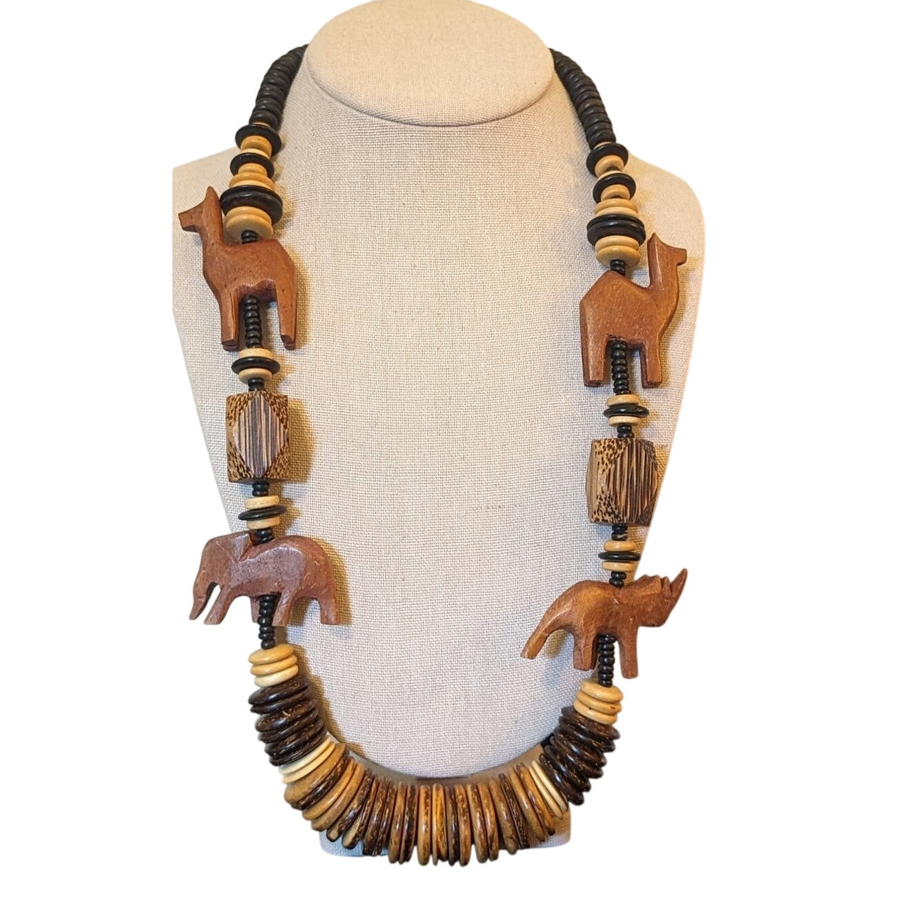 Vintage Chunky Boho Carved Wooden Animal Beaded Necklace