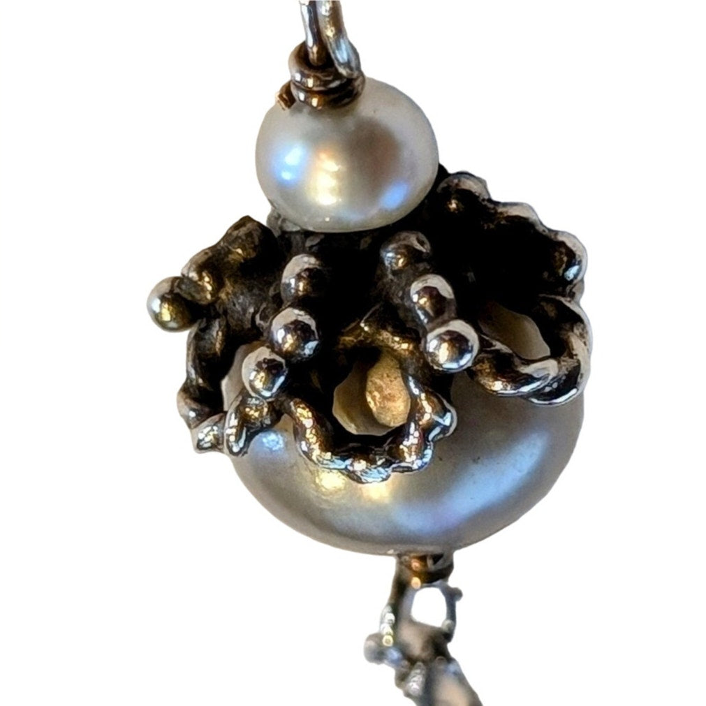 Vtg Sterling Silver Figaro Gray White Multi-Shaped Pearl Crystal Y Necklace