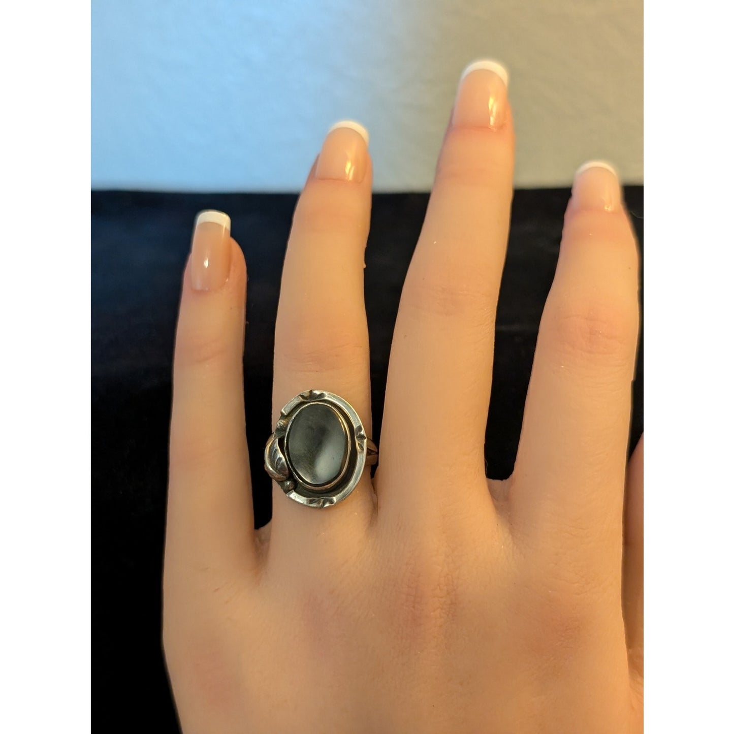Vintage Signed GF15 Sterling Mexico Black Stone Native American Ring Size 6.5