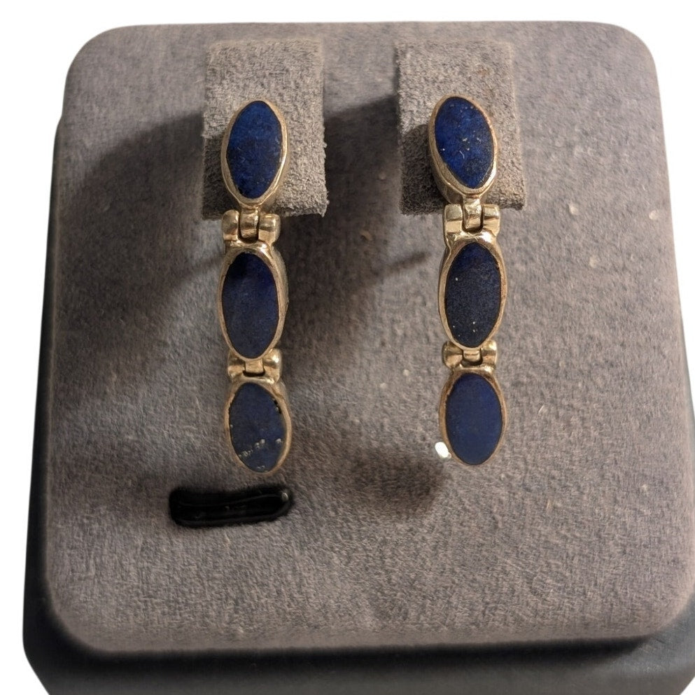 VTG Sterling Silver Lapis Lazuli Inlay Hinged Articulated Dangle Post Earrings