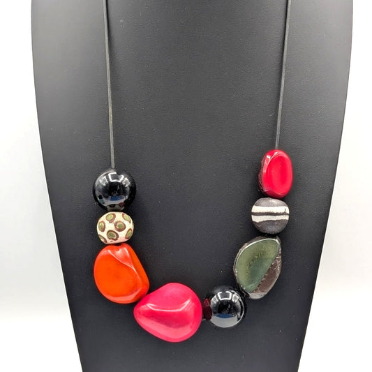 Vintage Tribal Chunky Colorful Tagua Nut Clay Bead Corded Necklace
