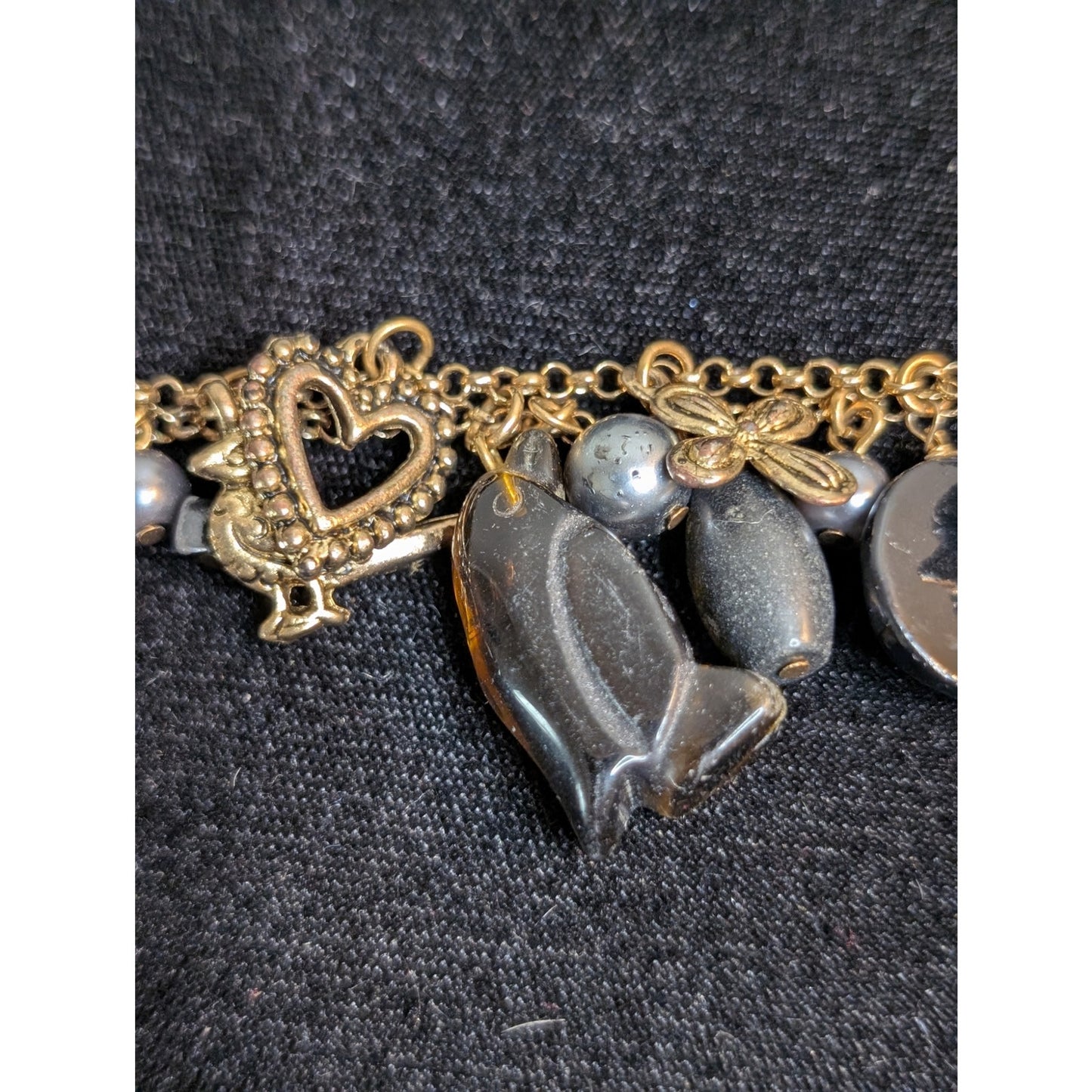 Vintage Antique Gold Tone Carved Glass Animal Gray Pearl Charm Toggle Bracelet