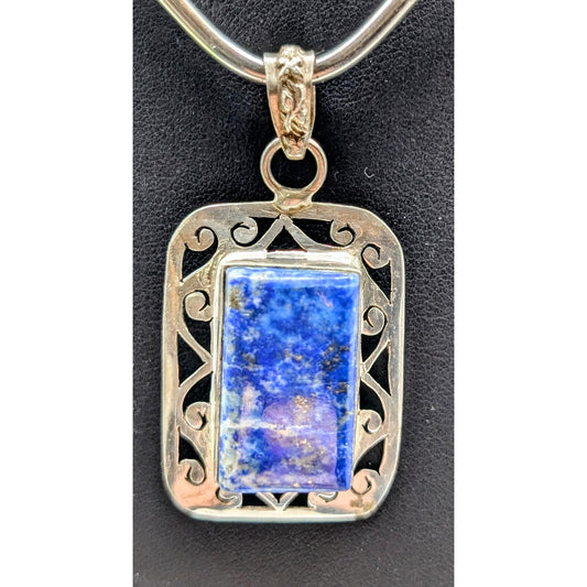 VTG Filigree 925 Sterling Silver Setting Rectangle Lapis Lazuli Pendant (Only)