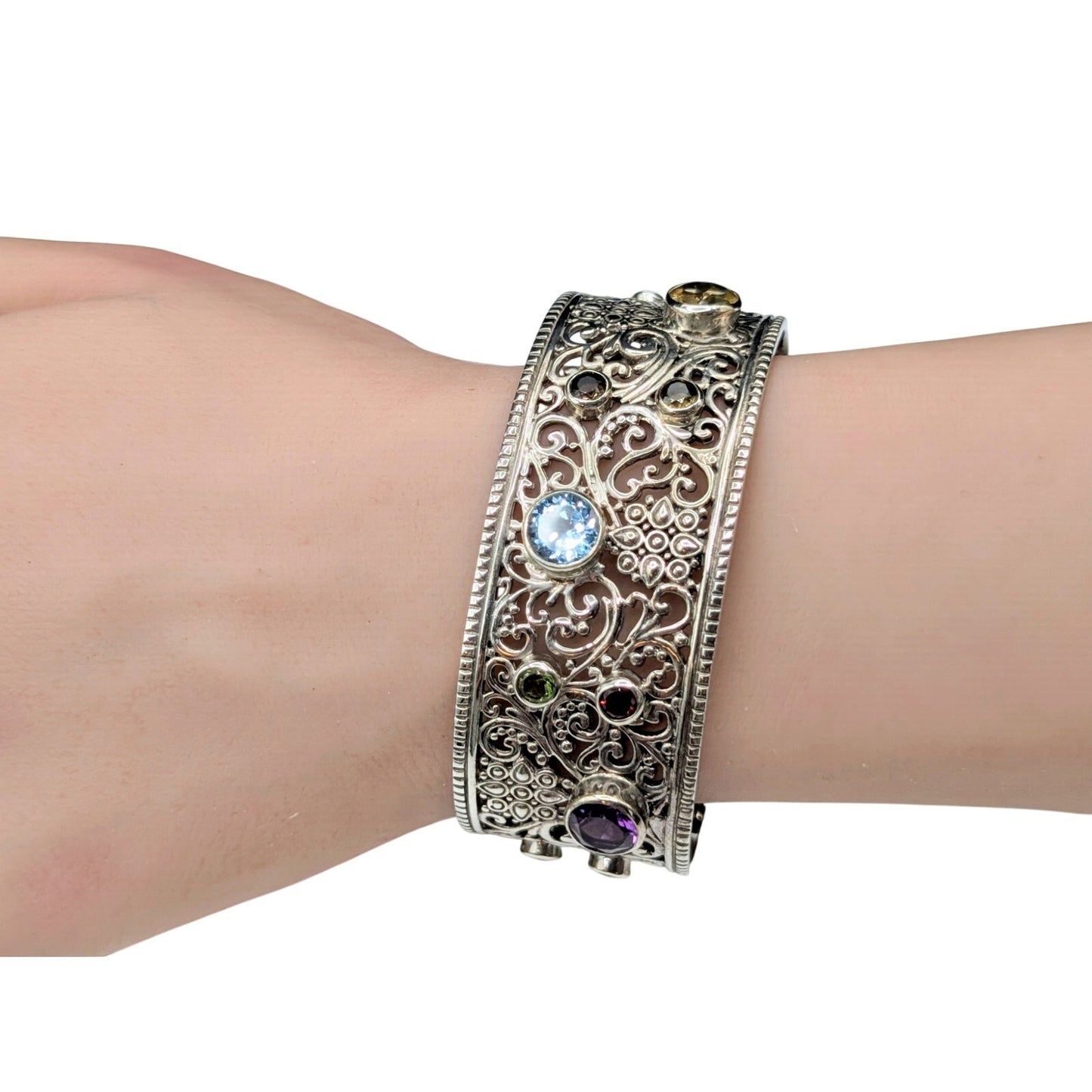 Samuel Benham 925 Sterling Bezel Set Multi-Gemstone Scroll Cuff Bracelet 40.69g