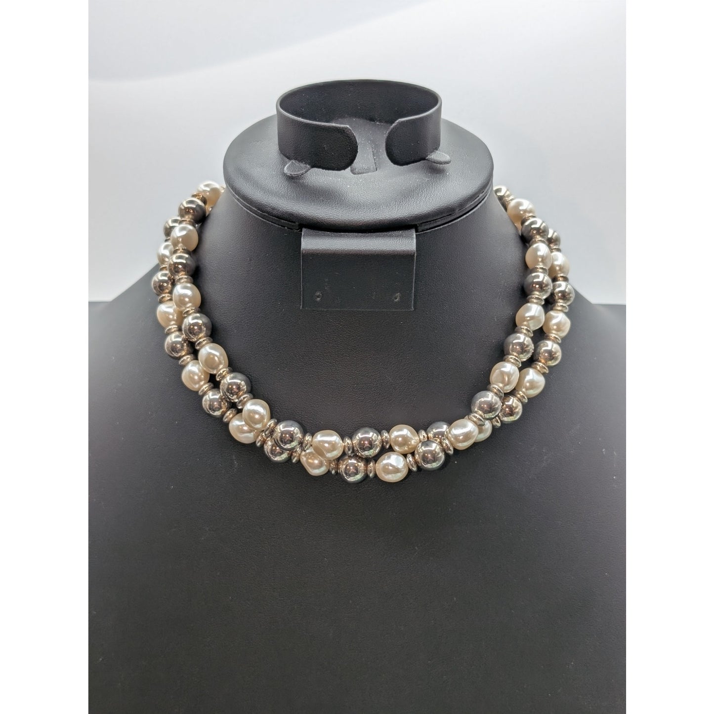 Vtg Anne Klein Silver Bead Pearl Double Strand Toggle Clasp 16"-16.75" Necklace