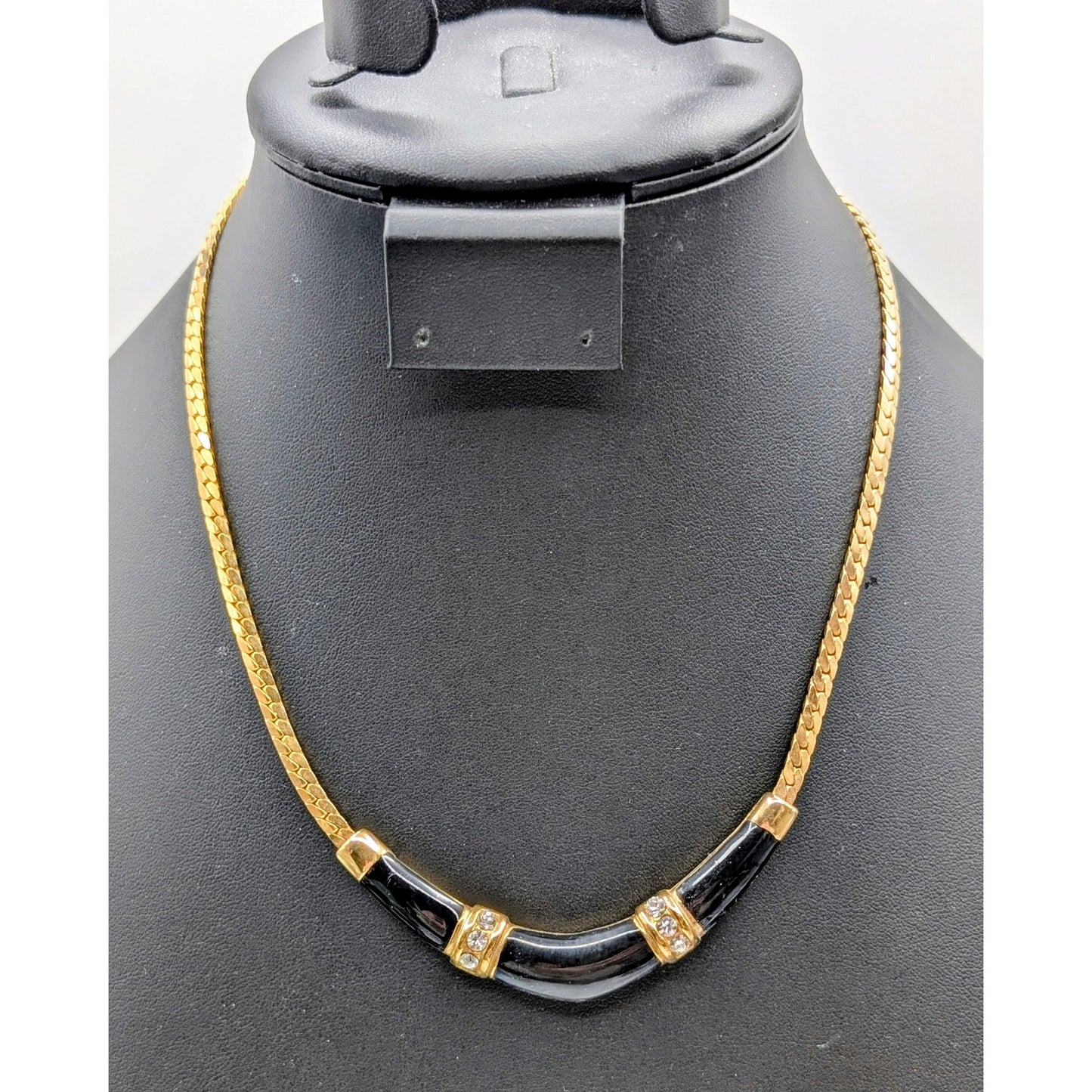 Vintage 1990s Black Enamel Clear Rhinestone Boomerang Gold Tone Classic Necklace