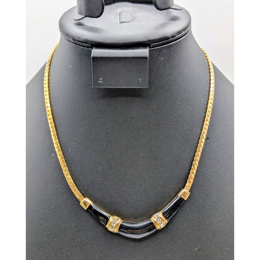 Vintage 1990s Black Enamel Clear Rhinestone Boomerang Gold Tone Classic Necklace
