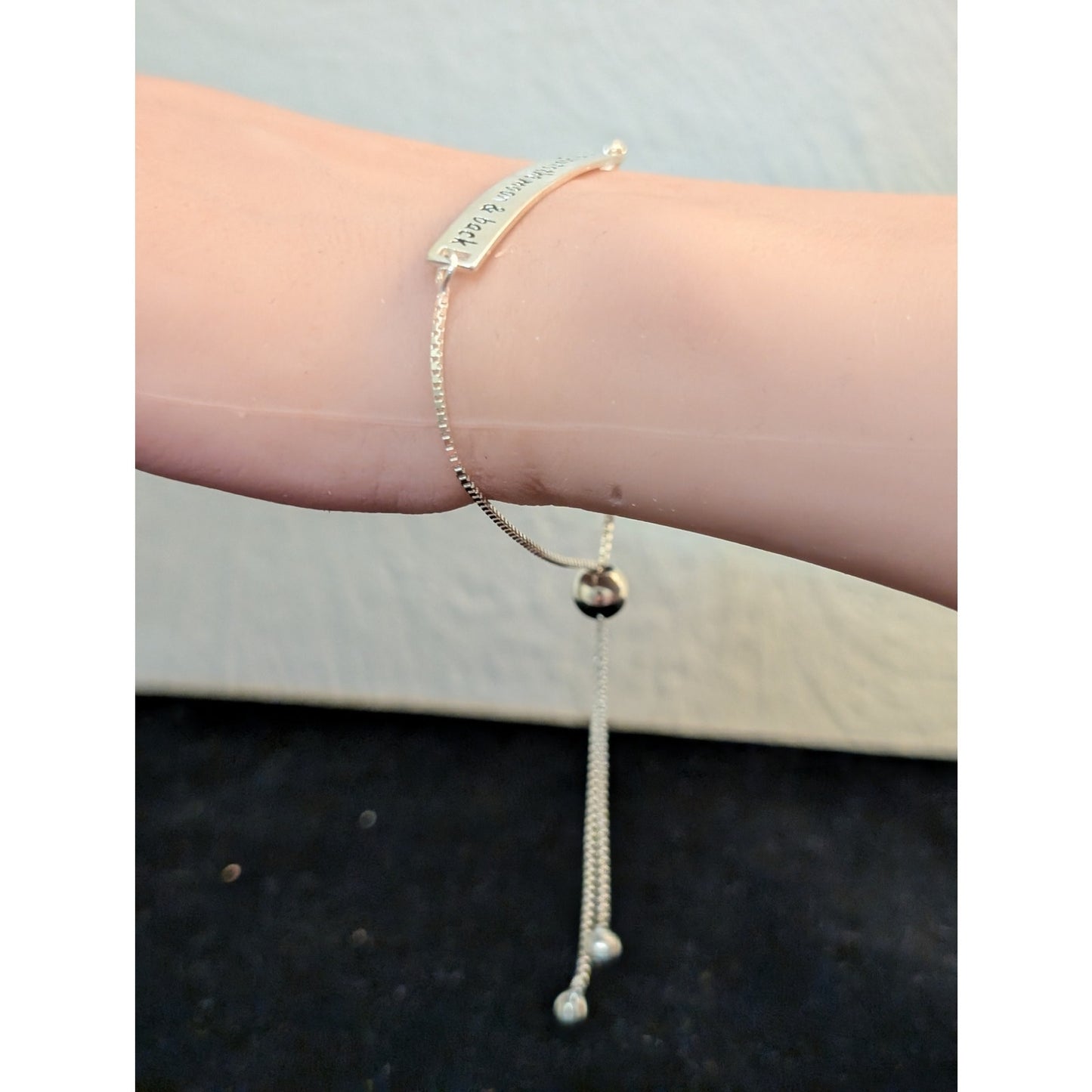 925 Sterling Silver I Love You To The Moon And Back Bar Adjustable Pull Bracelet