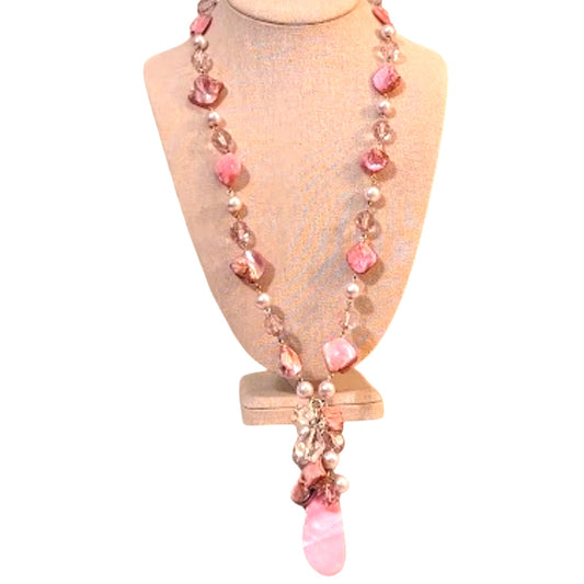Pink Shell Faux Pearl Pink & Clear Faceted Beaded Cluster Pendant Chain Necklace