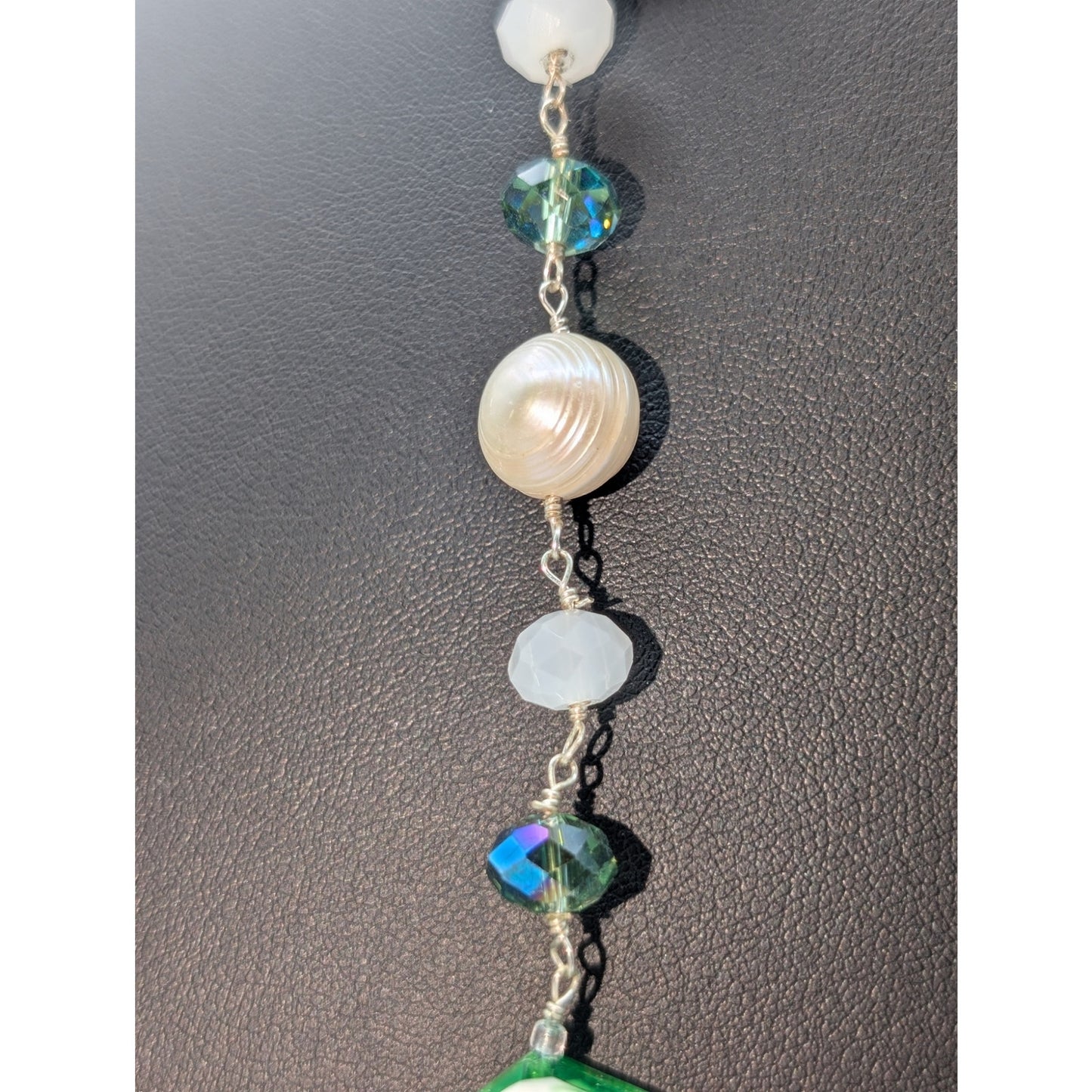 925 Sterling Silver Green White Swirl Glass Genuine Pearl Crystal 34" Necklace