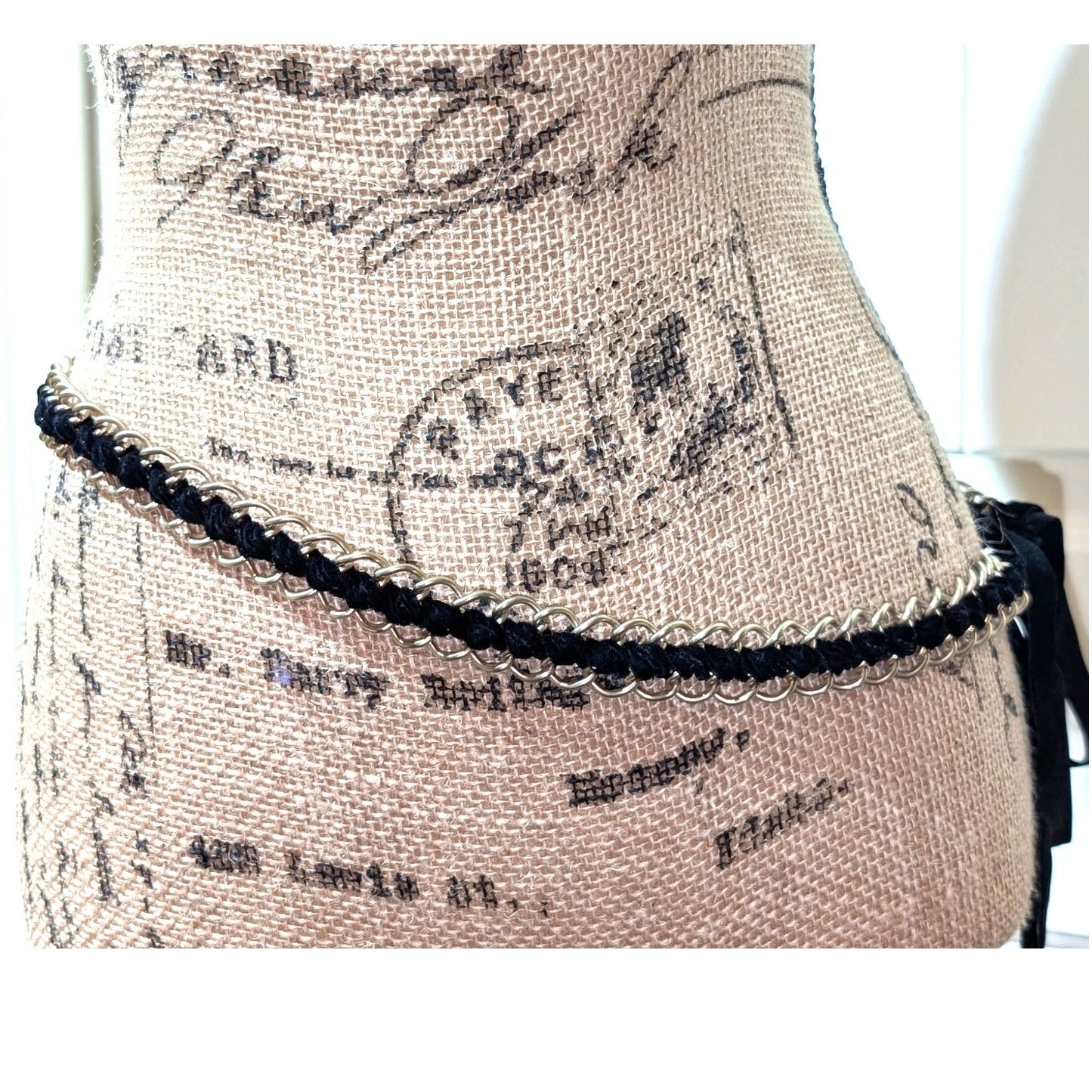 Vintage Black Velvet Ribbon Woven Gold Tone Chain Approx. 80" Chain Belt