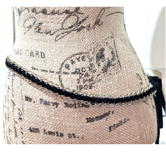 Vintage Black Velvet Ribbon Woven Gold Tone Chain Approx. 80" Chain Belt