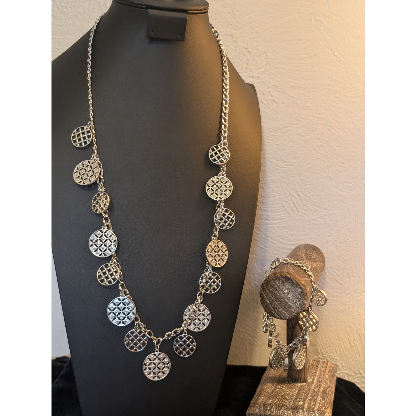 Charter Club Silver Tone Rhinestone Disk Charm Necklace & Matching Bracelet