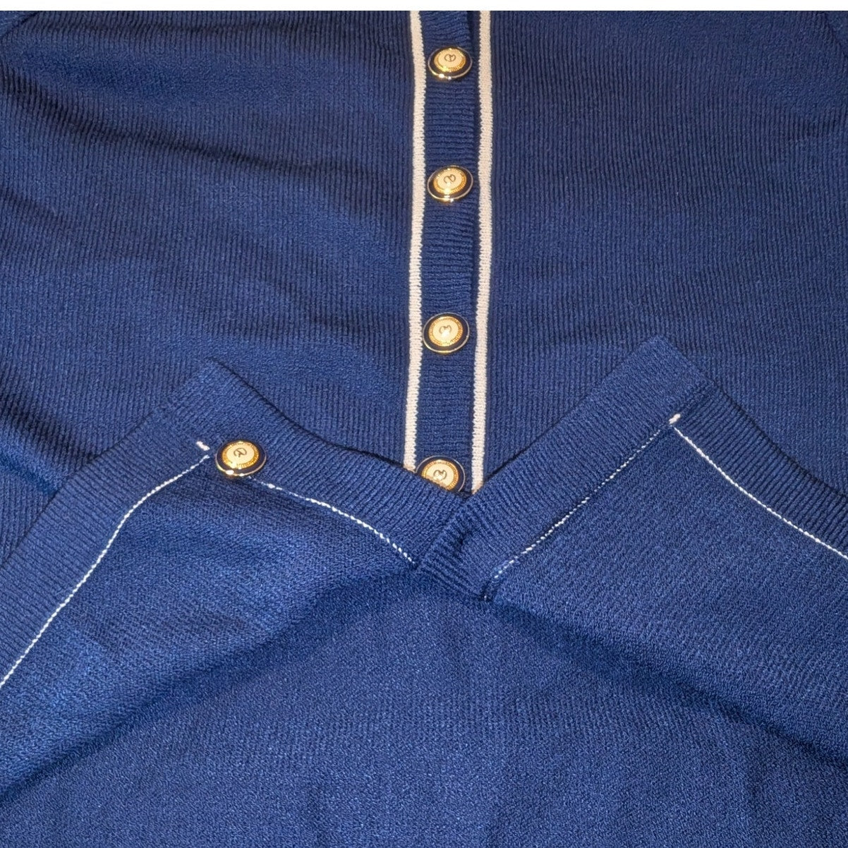 Vtg Comma Knit Collection Couture Blue Cream Santana Nautical Cardigan Sweater