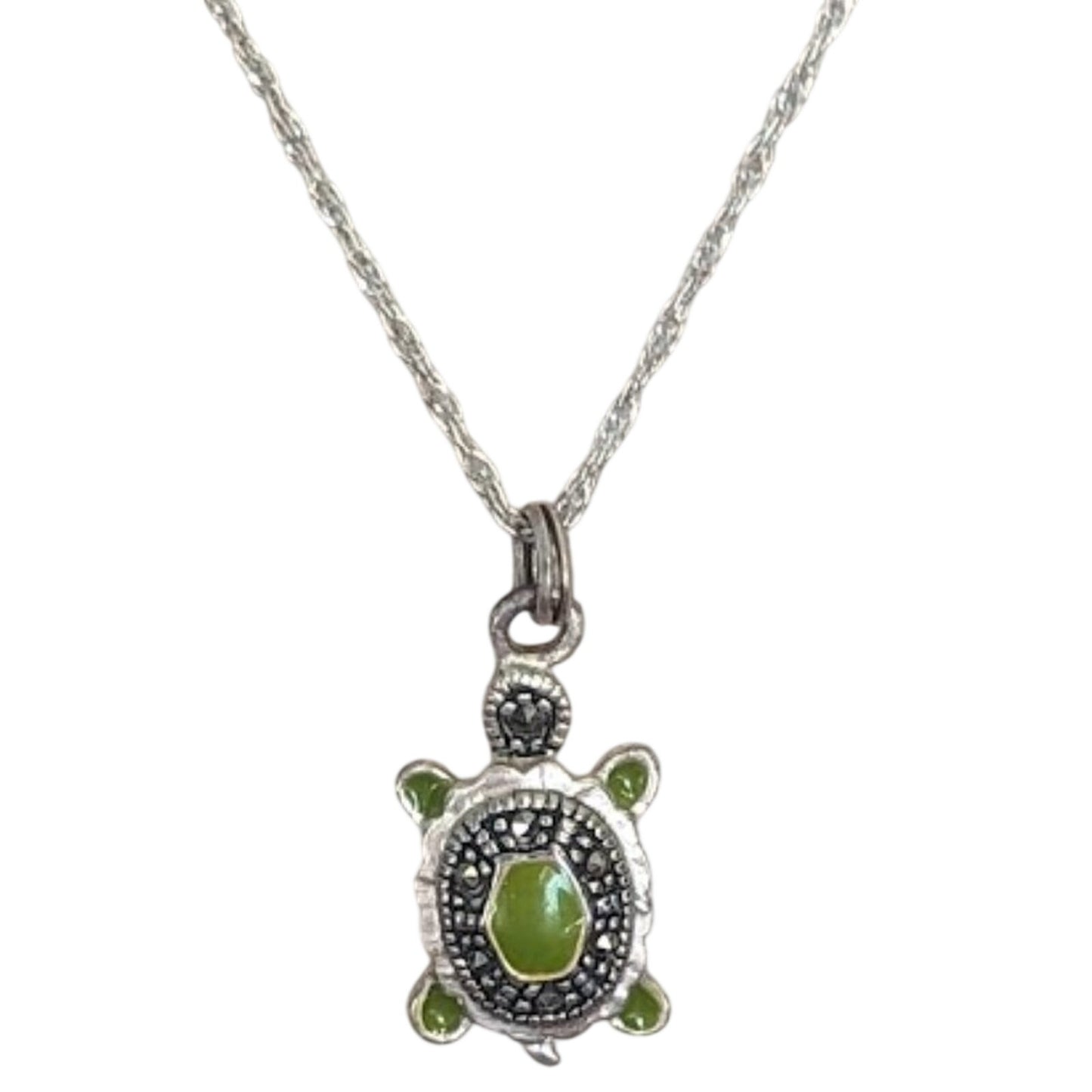925 Italy Sterling Silver Green Enamel Marcasite Turtle Pendant Necklace