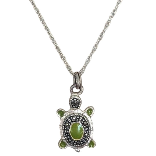 925 Italy Sterling Silver Green Enamel Marcasite Turtle Pendant Necklace
