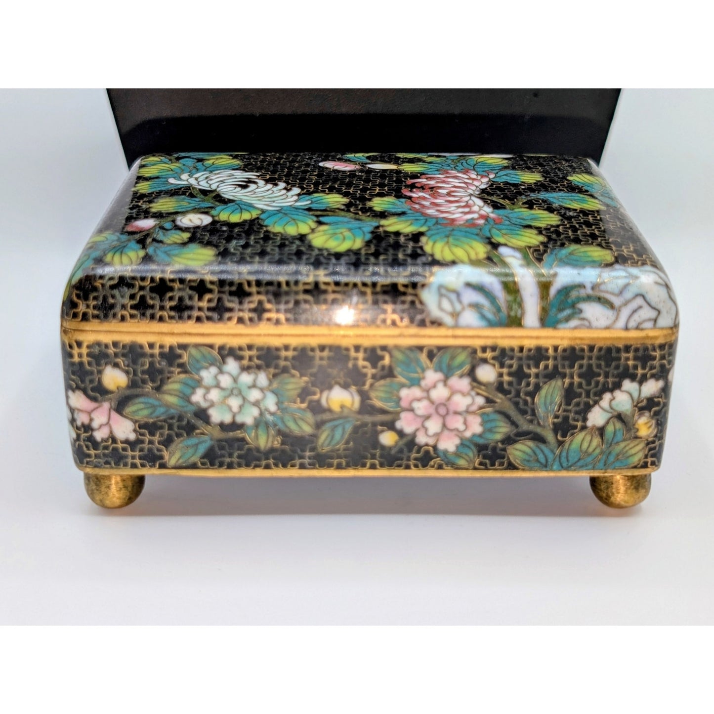 Antique Small Chinese Black Cloisonne Brass Footed circa 1900 Hinged Trinket Box