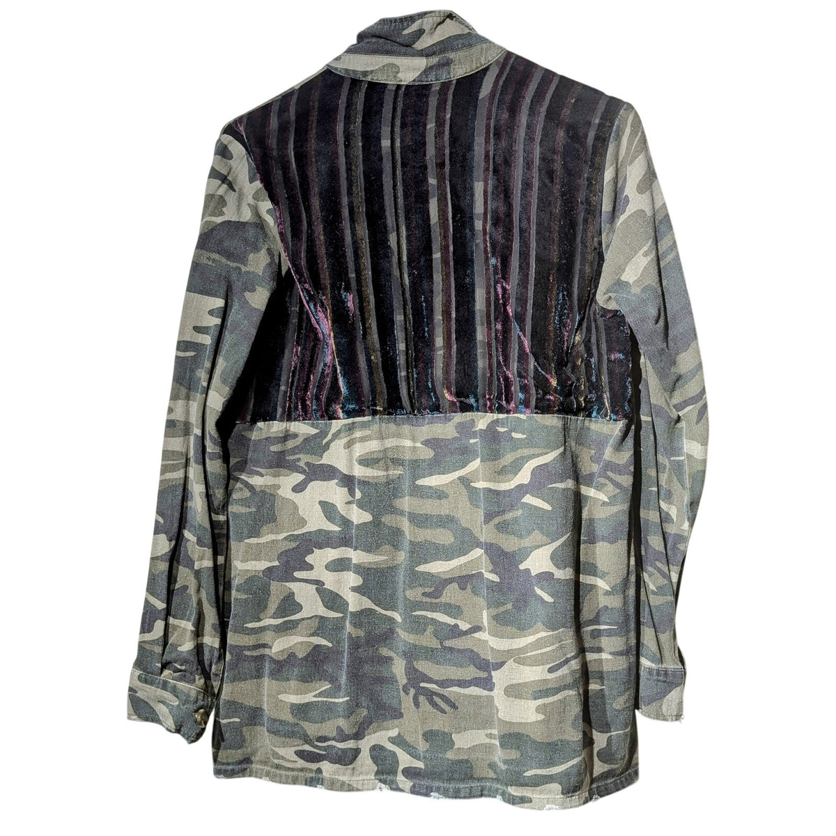 Mystree Shabby Chic Camo Velvet Trim Distressed Button Front Jacket Sz S