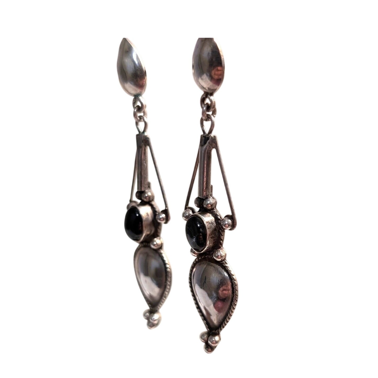 Vintage 925 Sterling Silver Bezel Set Onyx Long Dangle Post Pierced Earrings