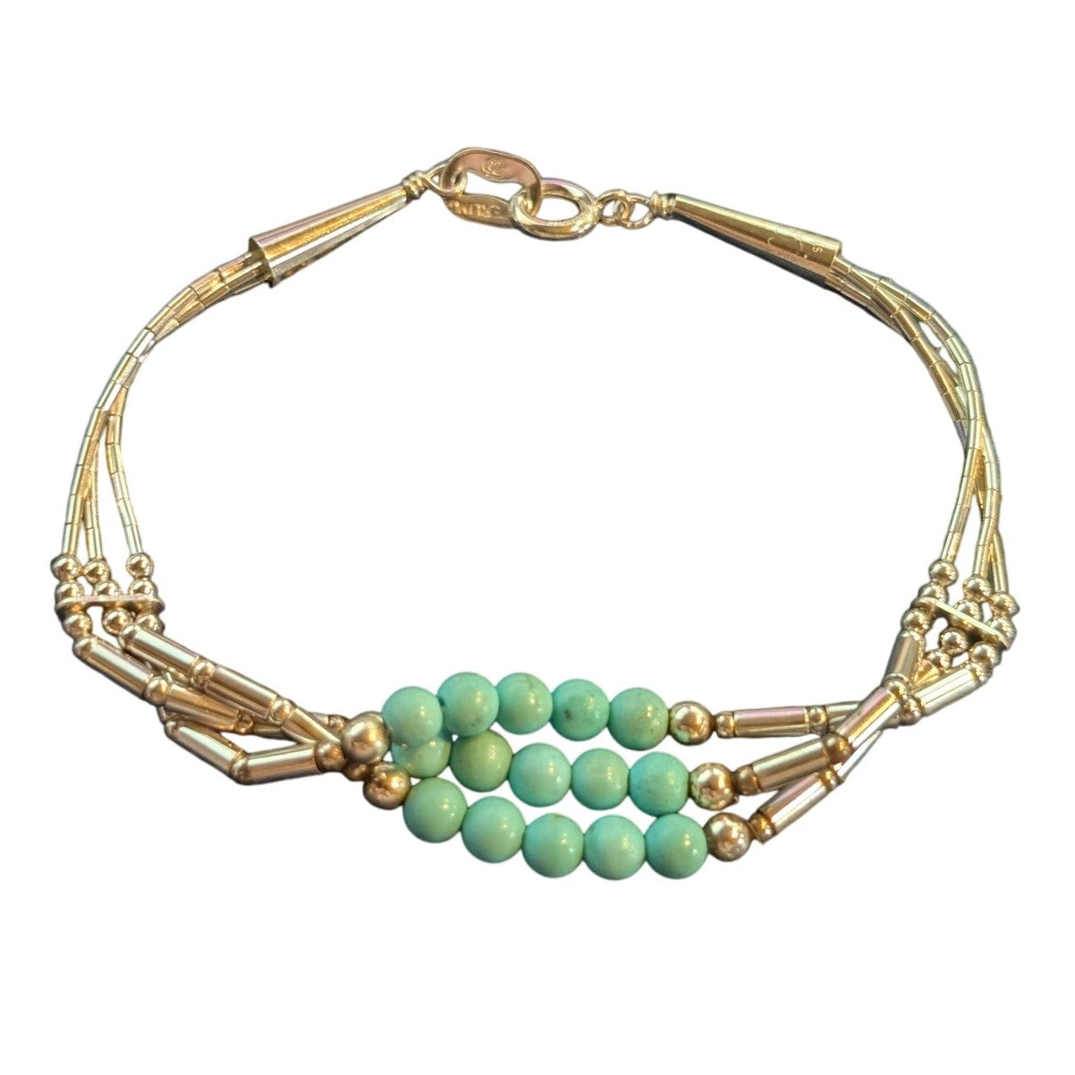VTG Navajo Signed Turquoise Bead Three Strand Liquid Sterling Silver Bracelet