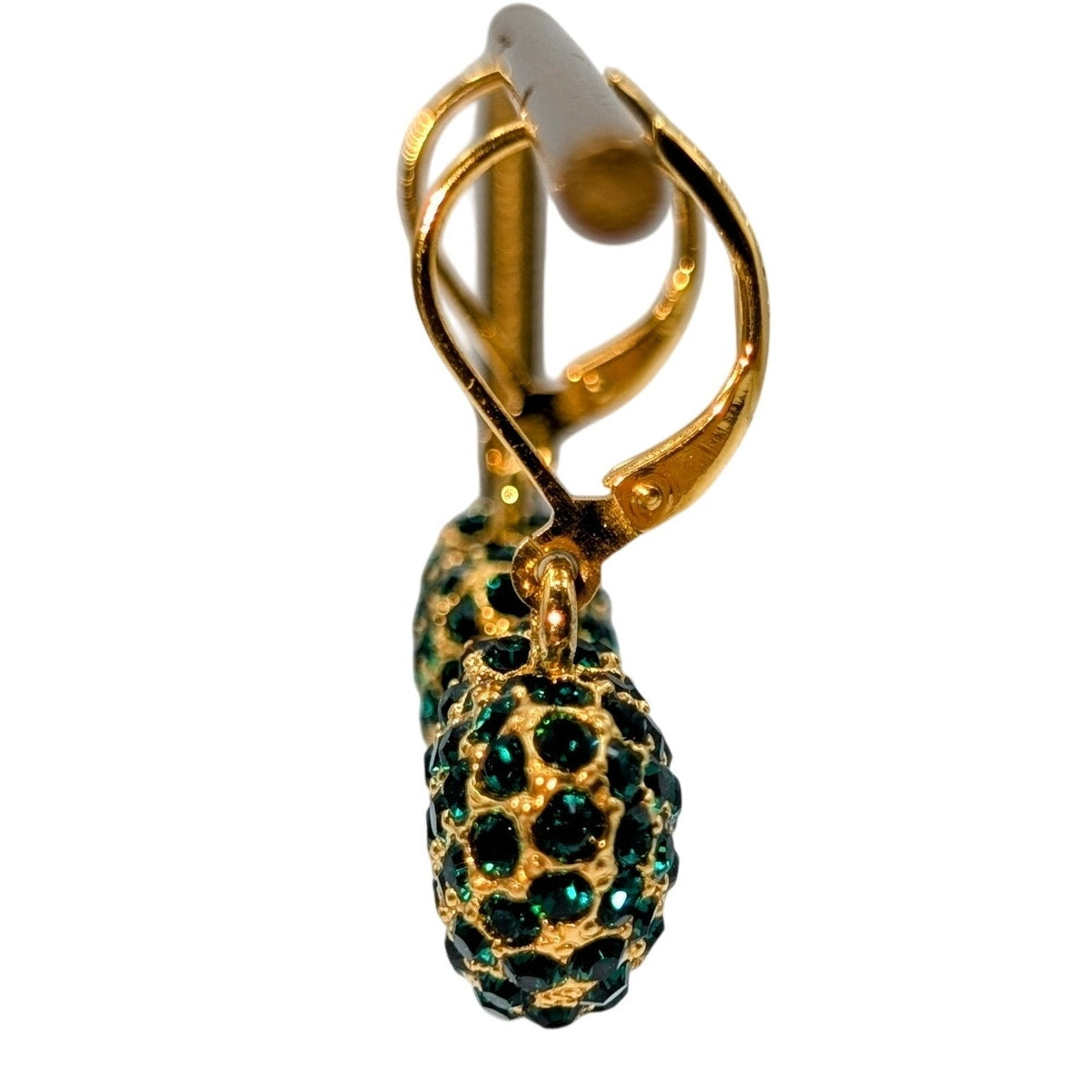Joan River Green Rhinestone Encrusted Heart Dangle Gold Tone Lever Back Earrings