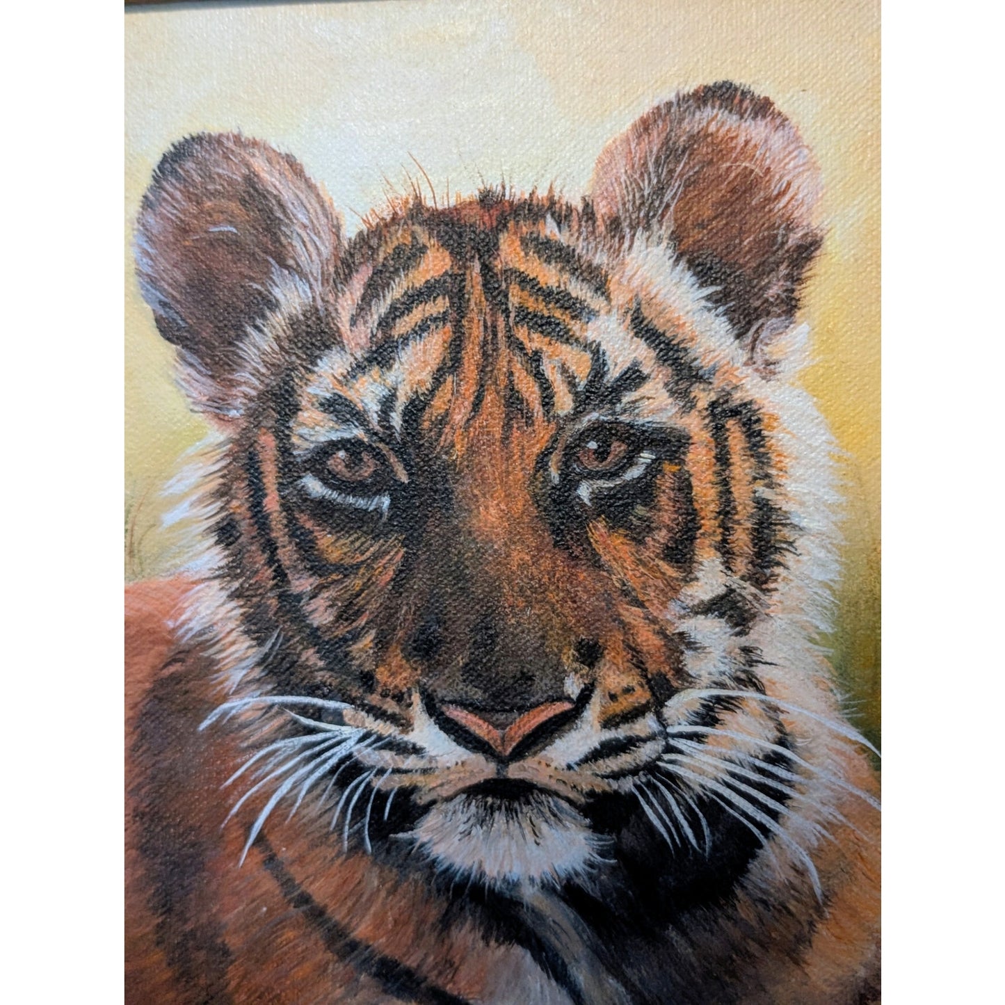 Vintage Original Wood Framed Tiger Painting on Canvas Signed Marianne
