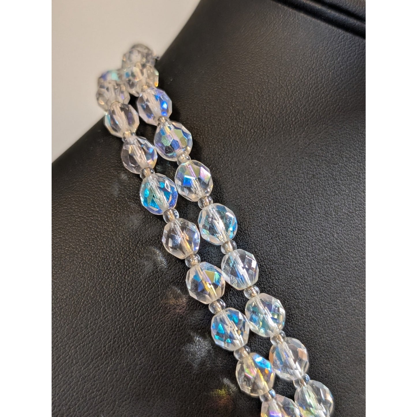 Vintage Aurora Borealis Faceted Crystal Double Strand Box Clasp 20" Necklace