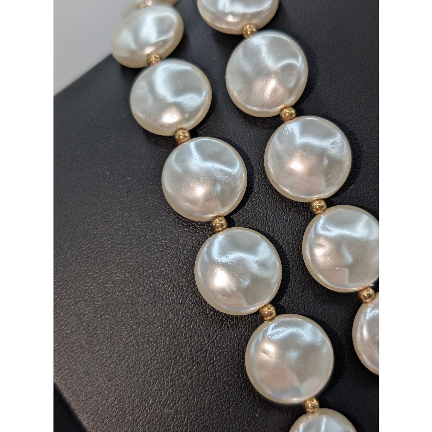 Vintage Double Strand Flat Faux Pearl Gold Tone Bead Fancy Clasp 24" Necklace
