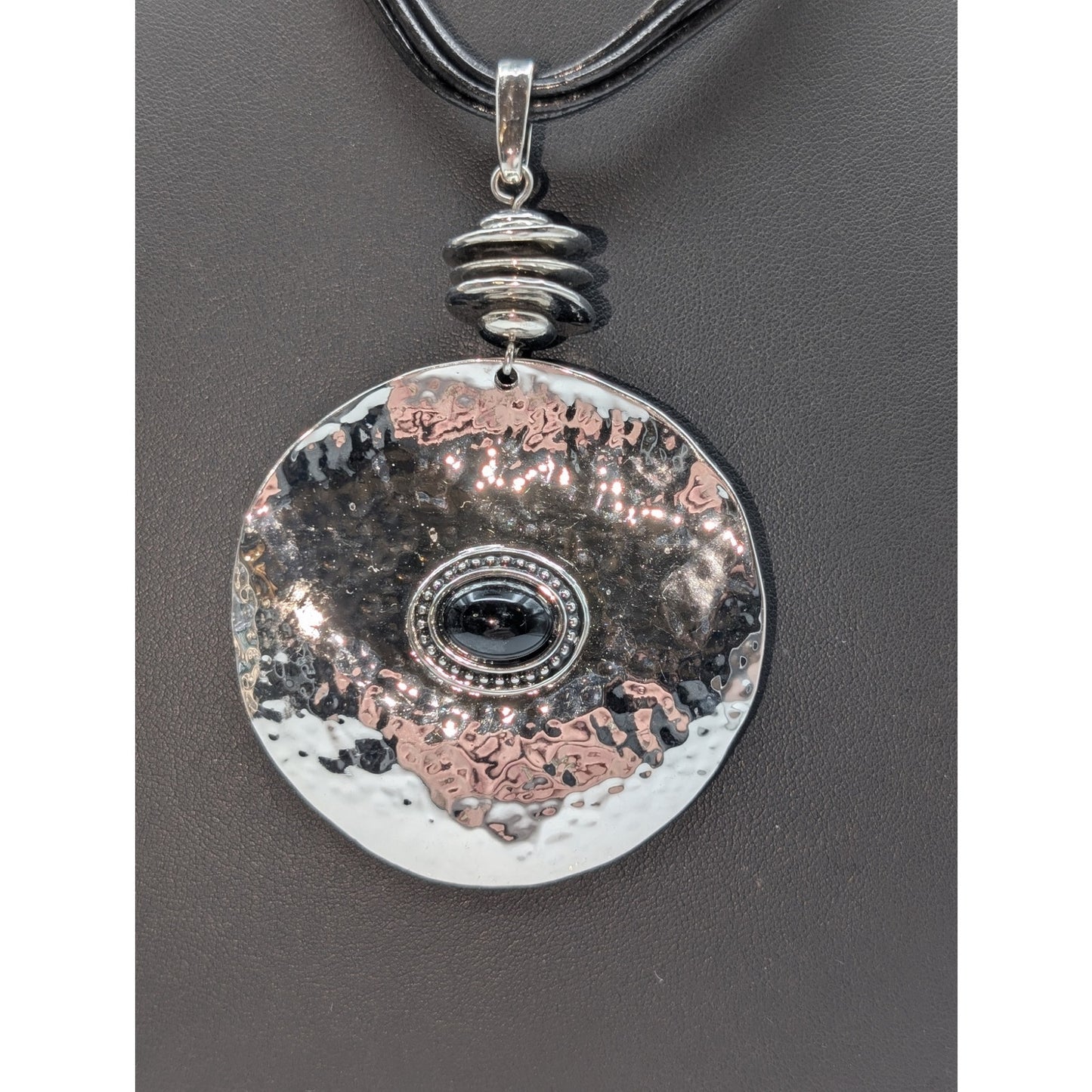 Chico's Hammered Black Bead Silver Tone Medallion Five Corded 15.5"-20" Necklace