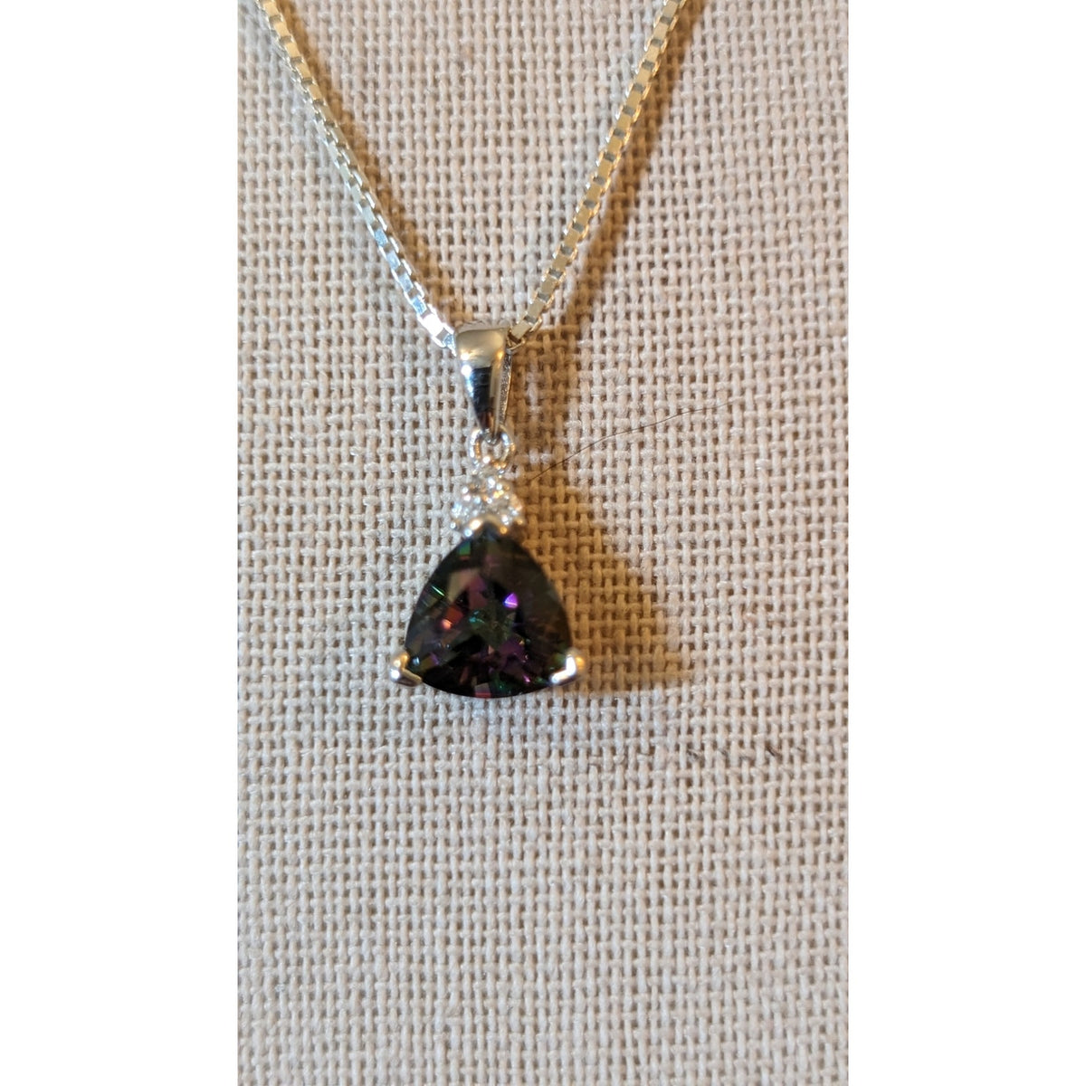 925 Sterling Trillian Cut  Mystic Topaz W/ 3 CZ Pendant Box Chain 18" Necklace