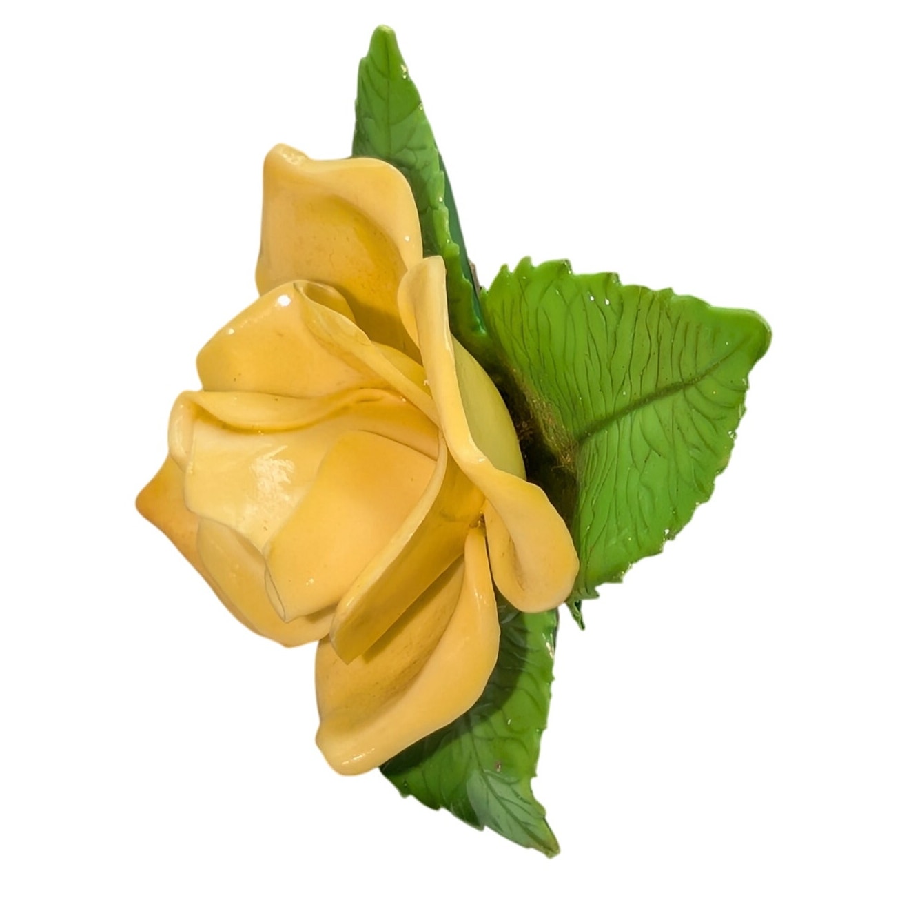 Vintage Yellow Rose Green Leaves Plastic Flower Brooch