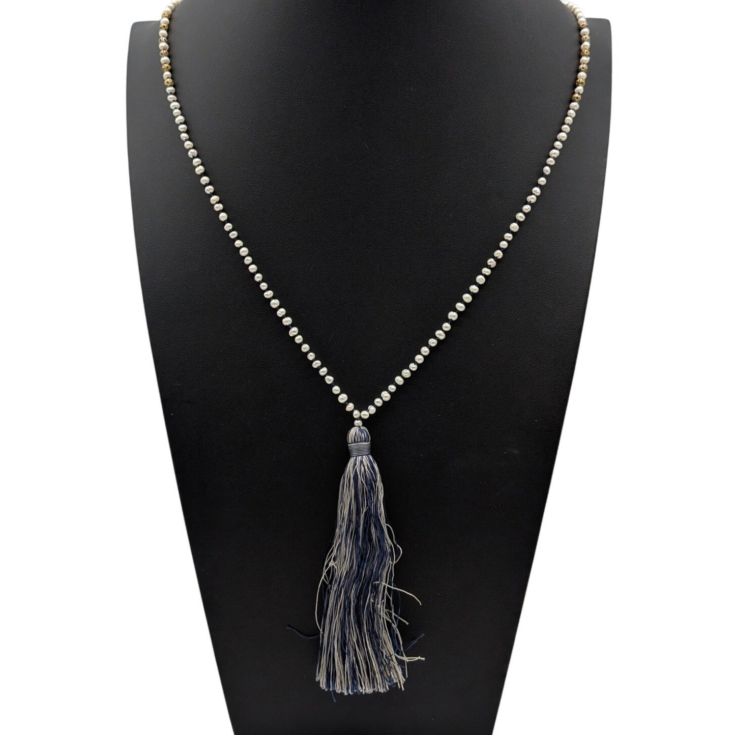 Vtg Zacasha Genuine Pearl Navy Filigree Bead Blue Silver Tassel Boho Necklace