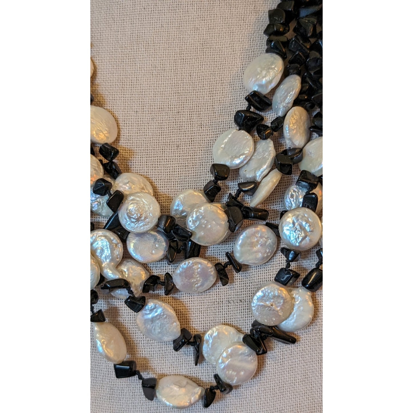 Six Strand White Coin Pearl Black Onyx Chip Sterling Slide In Clasp Necklace