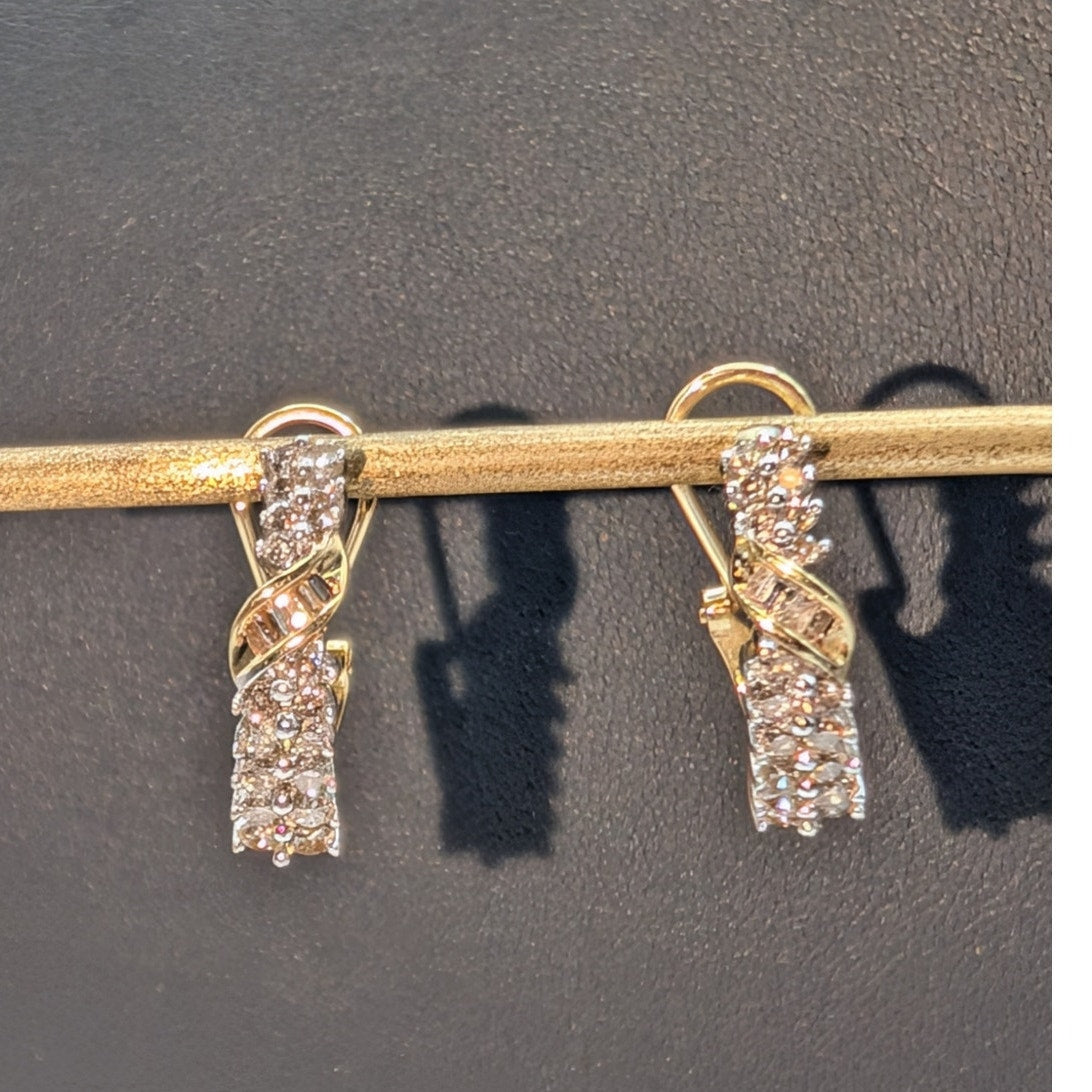 Vtg 14K Yellow & White Gold Diamond Omega Back Curved Hoop Earrings 4.83g
