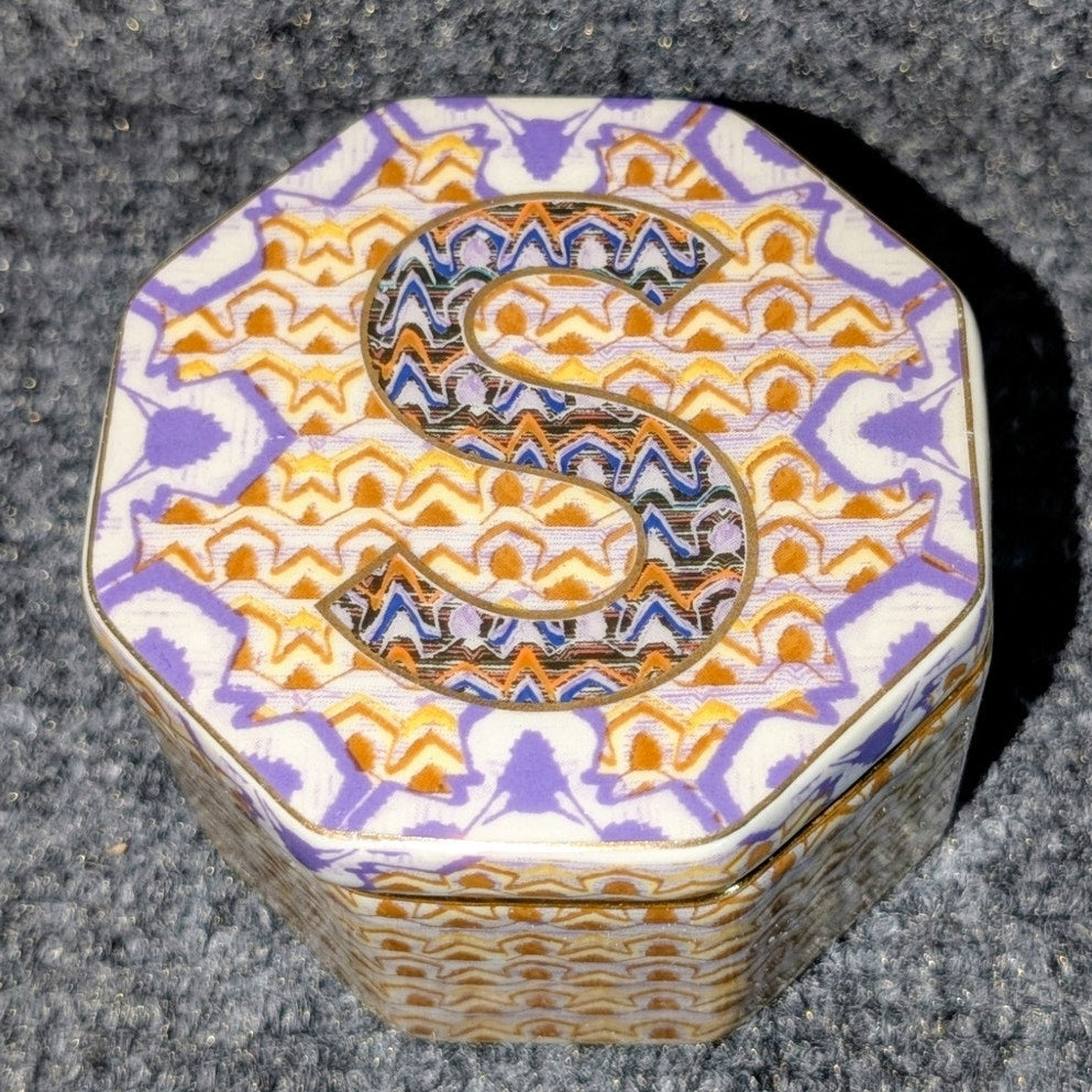 Anthropologie 3" Ceramic Trinket Box Letter 'S' Monogram Purple Gold