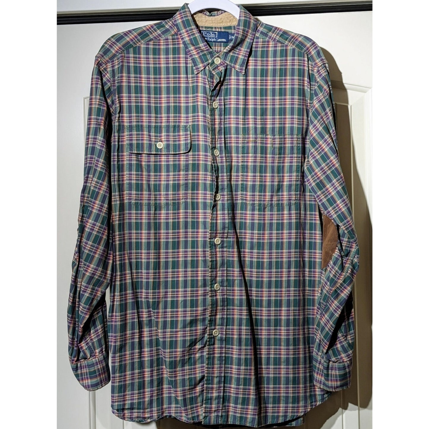 VTG Polo by Ralph Lauren Oversized Green Purple Plaid Elbow Patch Button Up Sz M
