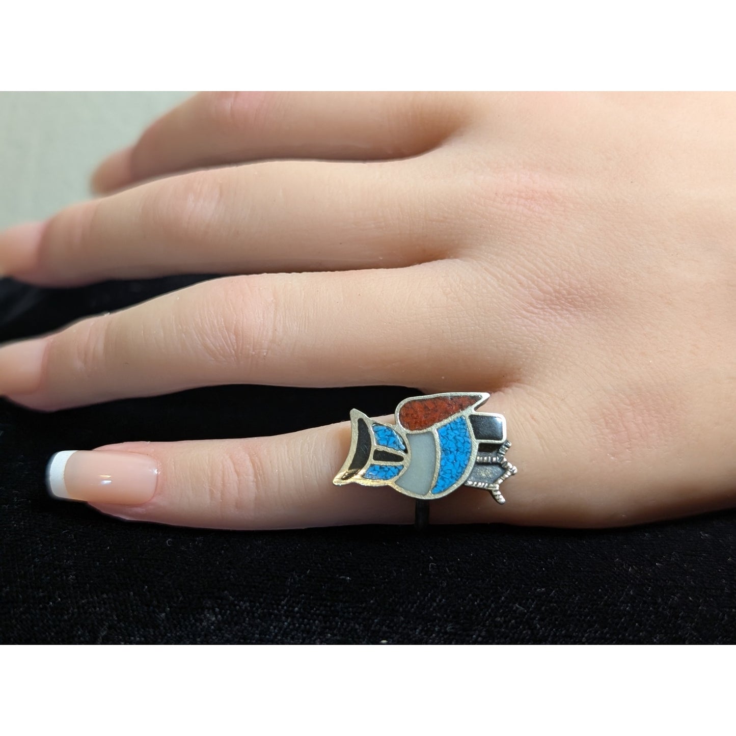 Vintage Native American Zuni Turquoise Sterling Silver Owl Inlay Ring Size 3.75
