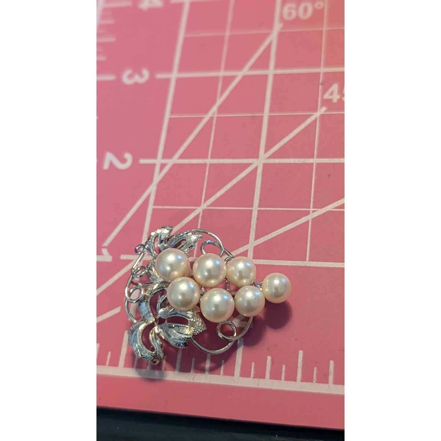 Marked Silver Vintage Seven Cultivated Pearl Grapes on Branch Pendant Brooch
