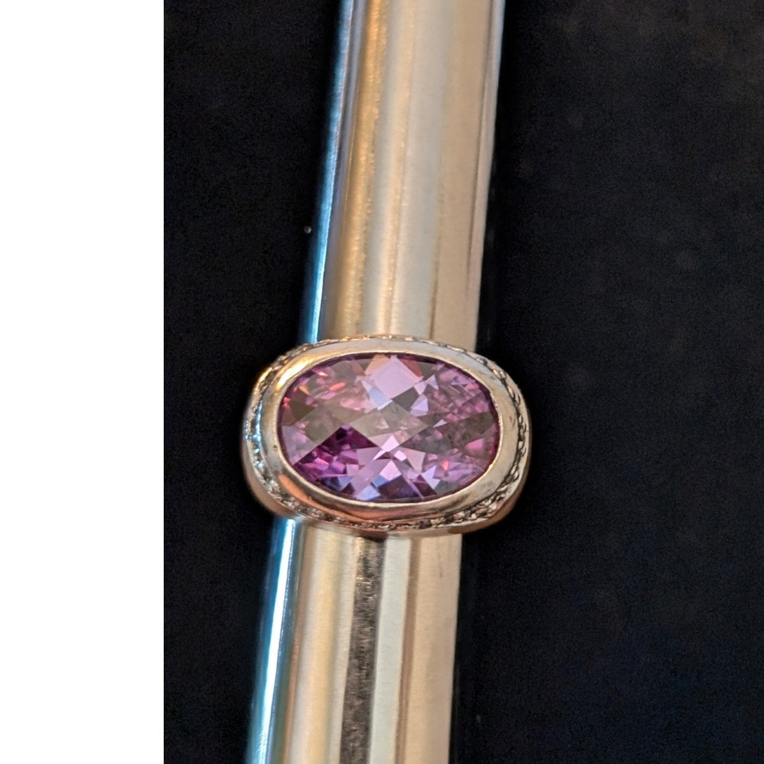 Signed LGA 925 Enamel Faceted Purple Crystal Center Stone Cocktail Ring Sz. 6
