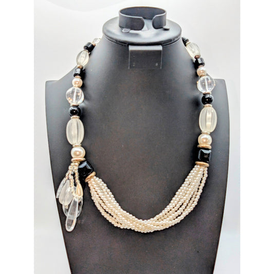 Vintage Black Clear Faux Pearl Multi Strand Side Tassel Hook Clasp 26" Necklace