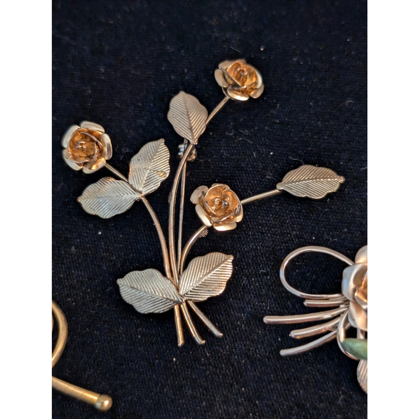Lot of Six Vintage Gold Tone Rose Filigree Leaf Collage of Brooches