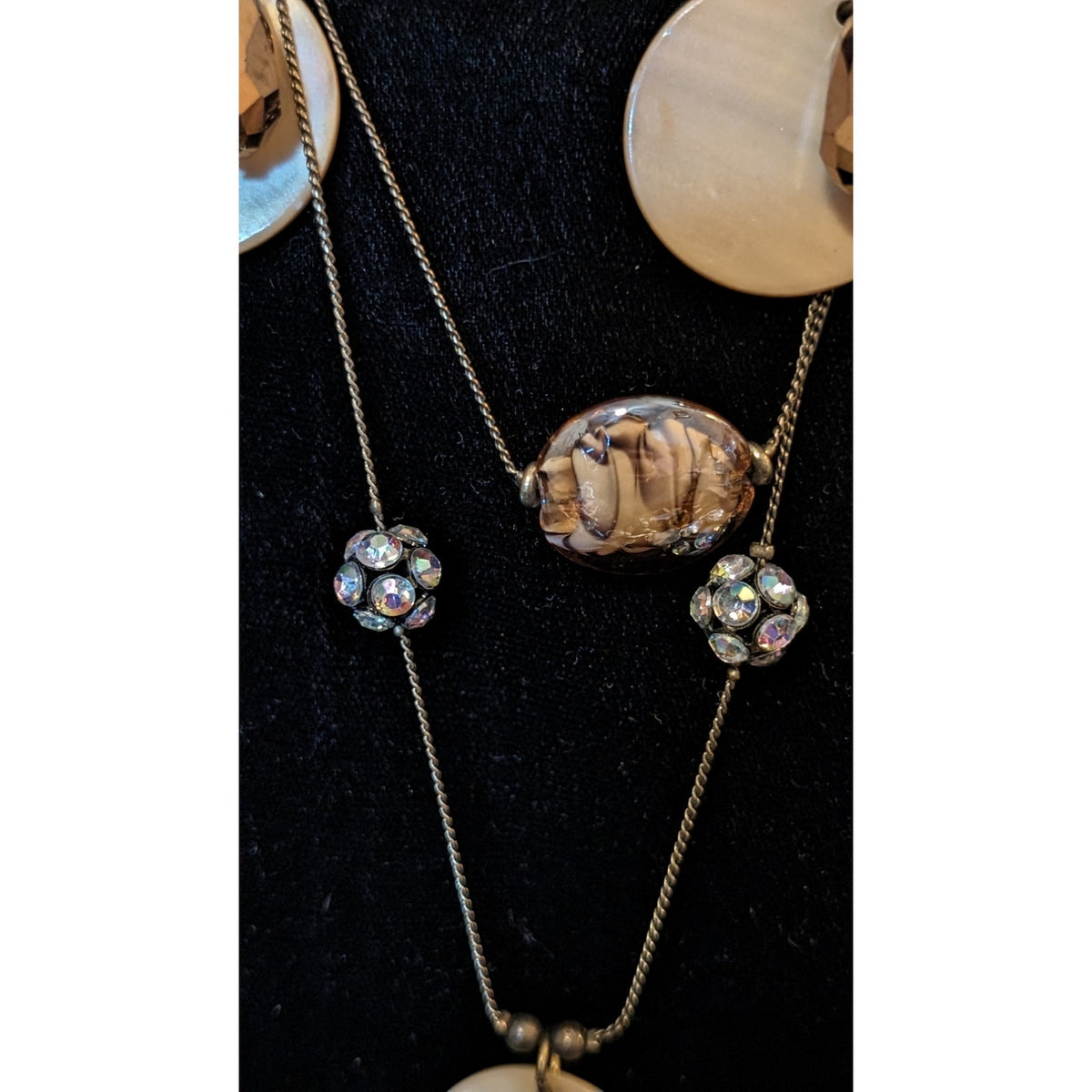 Antique Bronze Chain W/ Shell Glass CZ Ball Crystal Teardrop Beaded 36" Necklace
