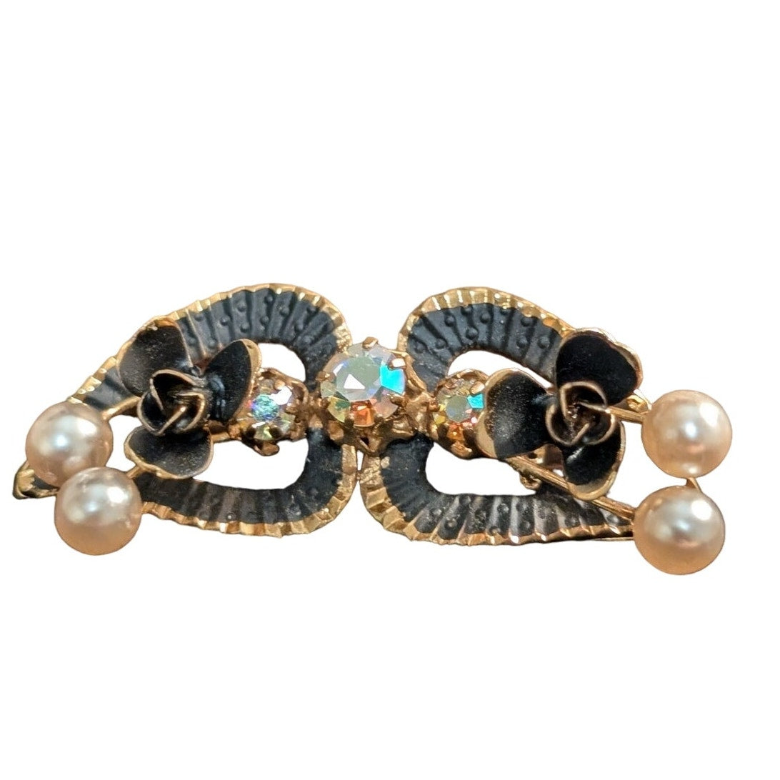 Vintage Austrian AB Crystal Pearl Gold Tone Black Enamel Painted Flower Brooch