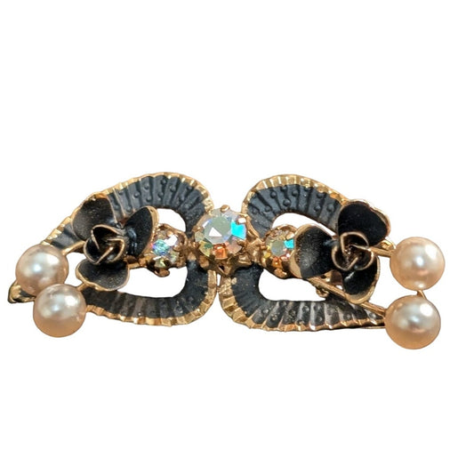Vintage Austrian AB Crystal Pearl Gold Tone Black Enamel Painted Flower Brooch