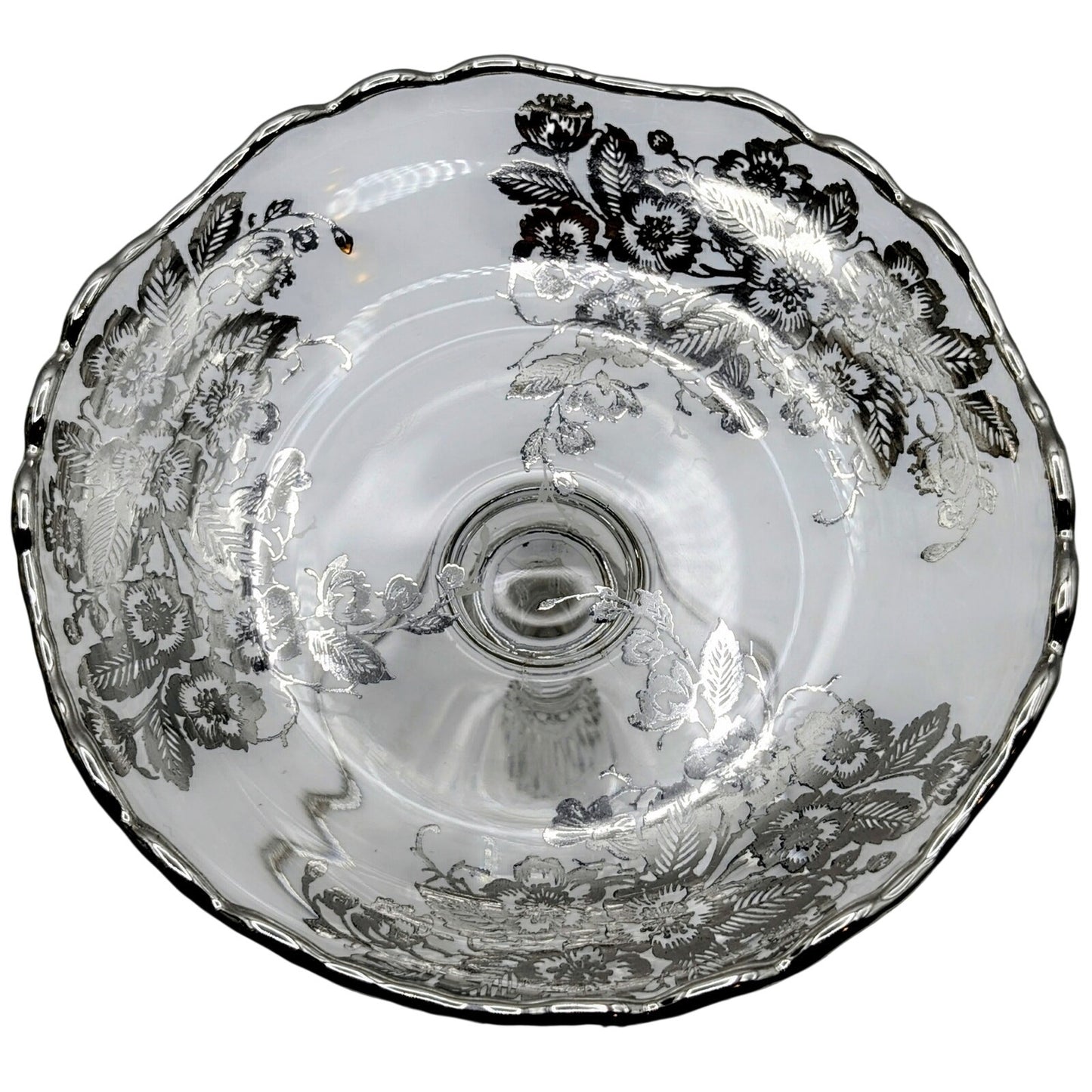 Vintage Clear Glass Compote W/ Silver Overlay Floral Design