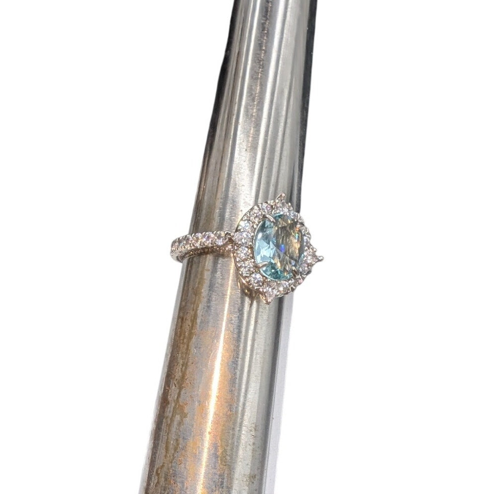 Home Party Light Blue Center Stone & Clear Halo CZ Silver Tone Ring Sz 9